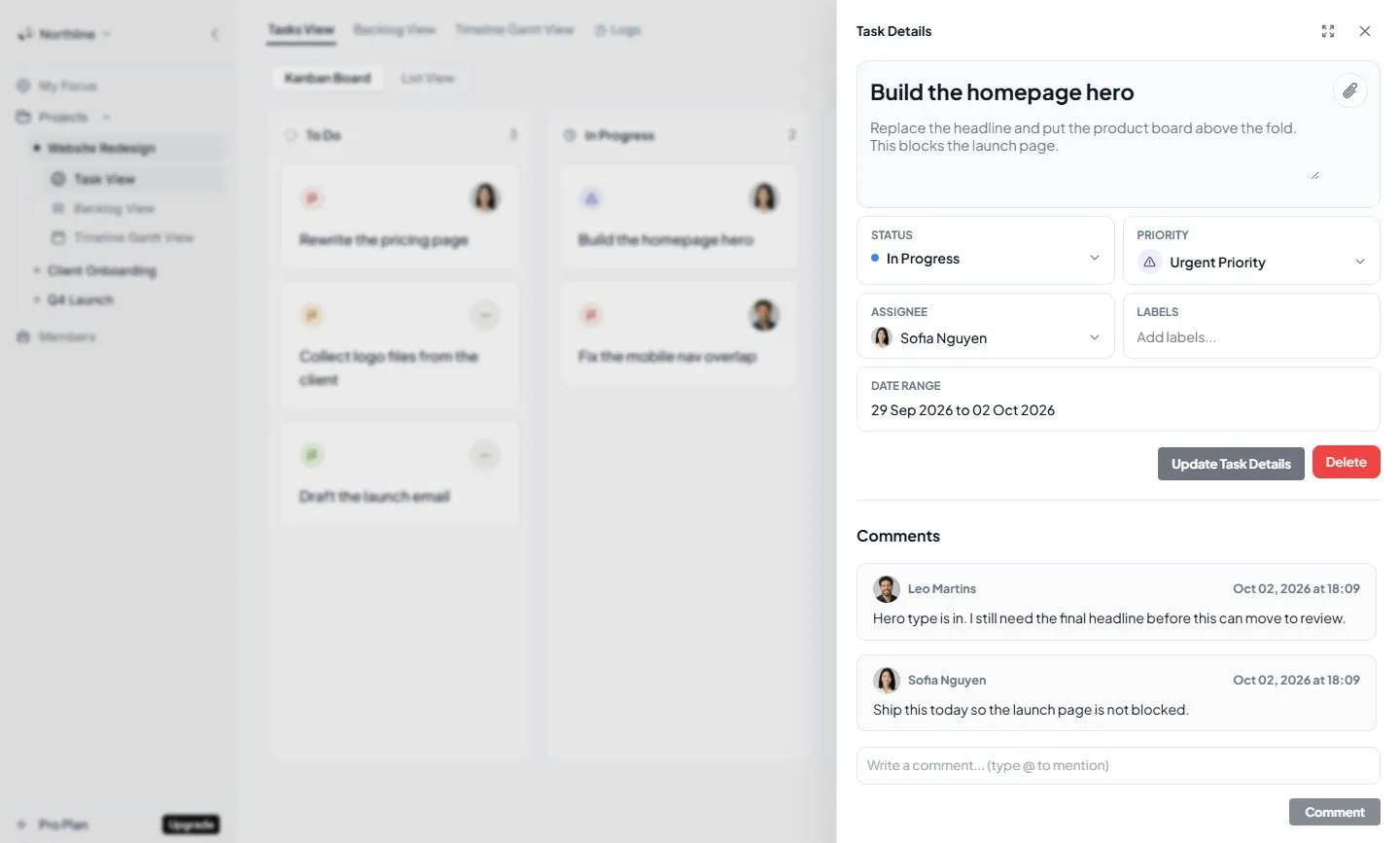 Clarityy Task: the due date, the status, and where to comment, captured from a live workspace.